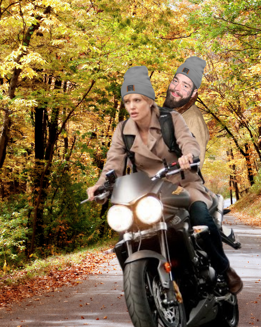 celebrities wearing gray dicey moto flames beanie on motorcycle
