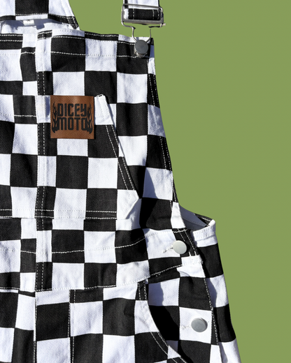 closeup dicey moto leatherette patch black and white checkered overalls womens casual denim cotton