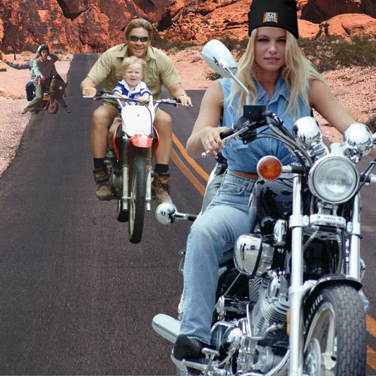 pamela on motorcycle wearing black dicey flames moto beanie photoshopped with steve irwin in desert 